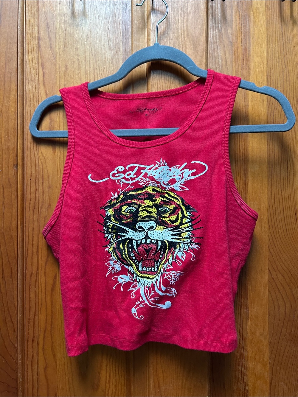 Ed Hardy Red Cropped Tank with Tiger Head Graphic